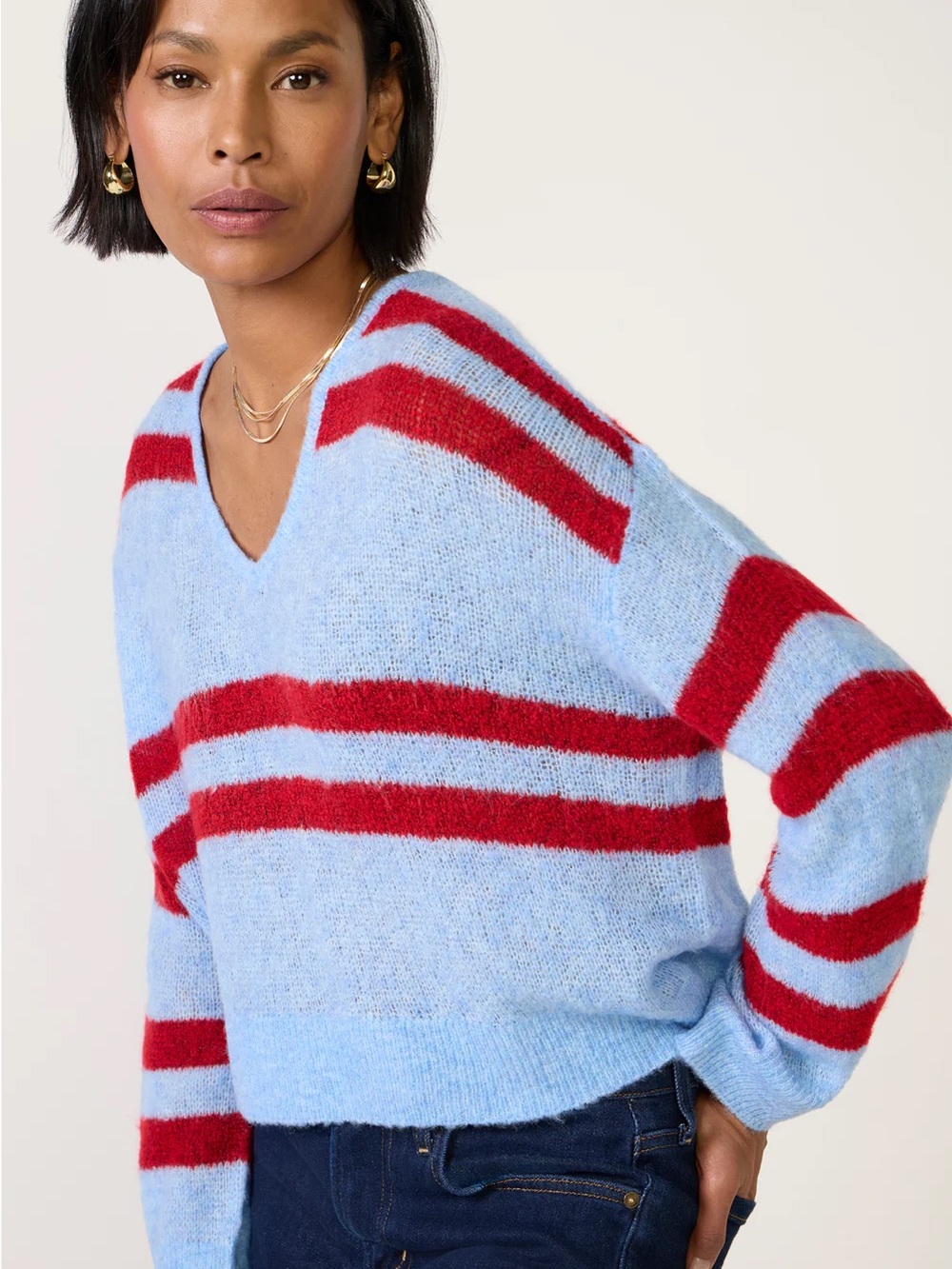 Light Blue and Red Striped V-Neck Sweater